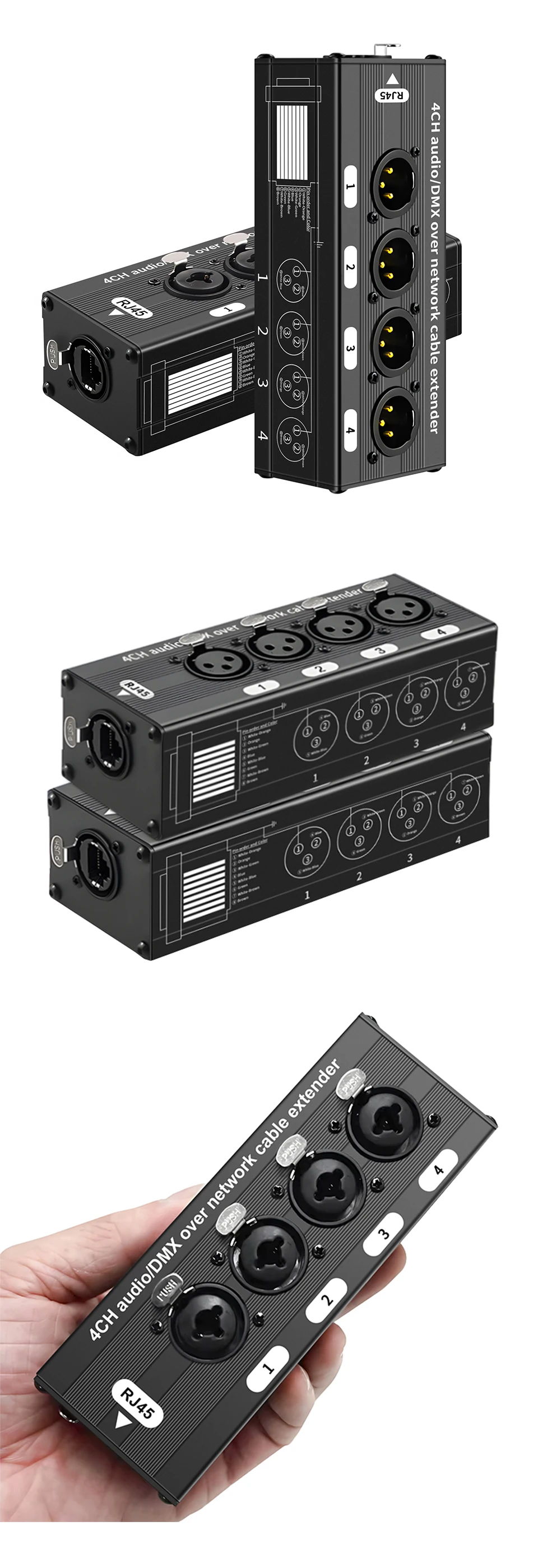 4 Channel 3Pin XLR to RJ45 Audio Extender STP Cat5 Cat6 DMX512 Network Signal Extender for Stage Sound Lighting Studio