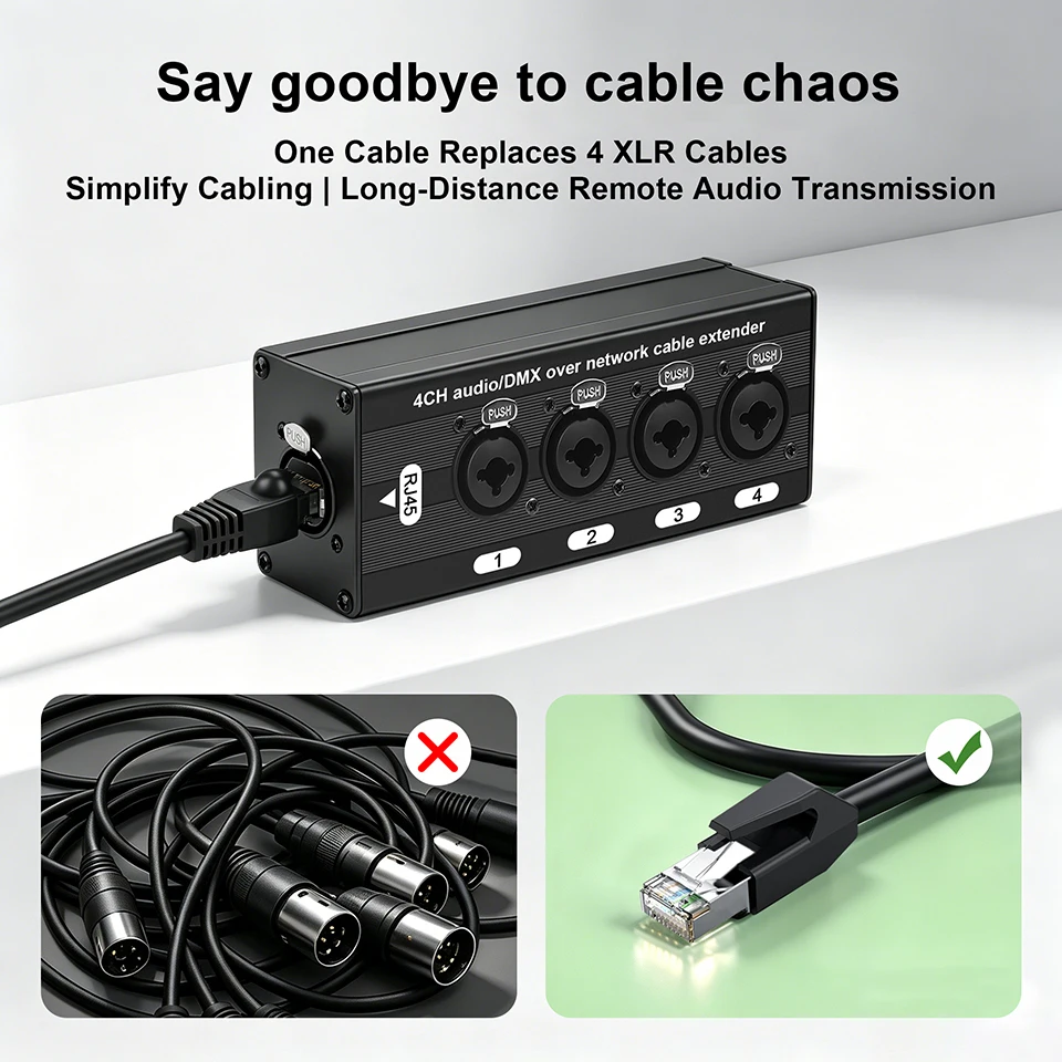 4 Channel 3Pin XLR to RJ45 Audio Extender STP Cat5 Cat6 DMX512 Network Signal Extender for Stage Sound Lighting Studio
