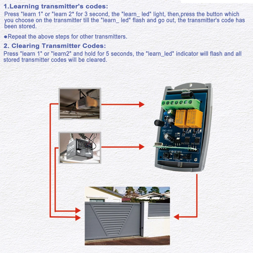 433MHz Universal Garage Door Receiver and ALUTECH AT-4 Rolling Code Remote Control Matching 2CH AC DC 7-32V 220V Rf Relay Switch