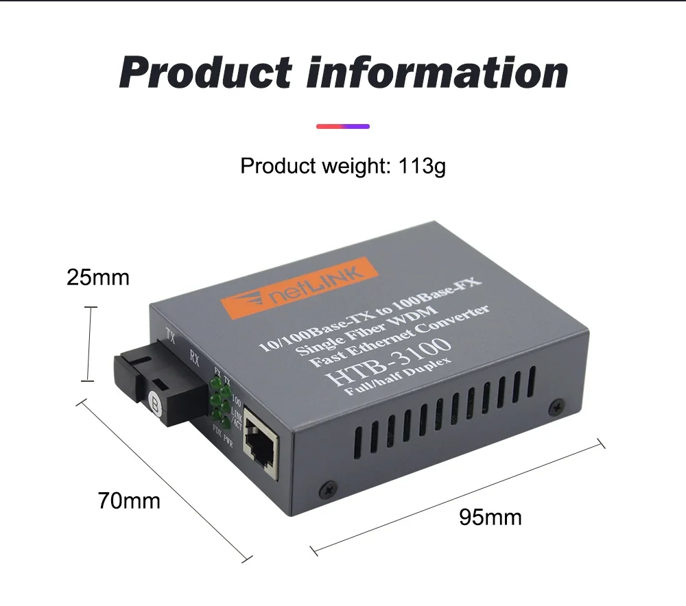 Media Converter HTB-3100 Fiber Optical Single Mode Single Fiber SC Port 25KM External Power Supply 10/100M