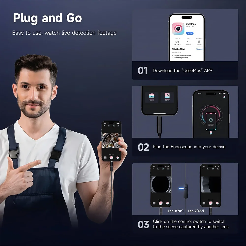 KERUI Single/Dual Lens Endoscope Camera For iPhone iPad IOS & Android Type-c Led Light IP67 Borescope Industry Inspection Camera