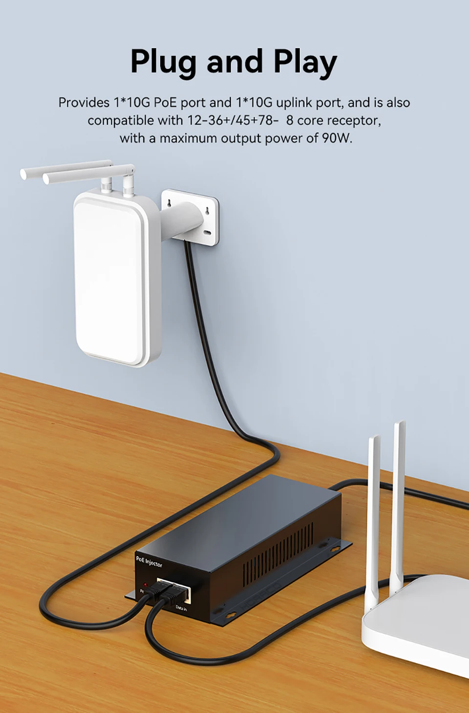 90W 10G POE Injector IEEE 802.3af 802.3at 802.3bt 10000Mbps Plug&Play PoE for IP Camera,VoIP Phone,Wireless AP