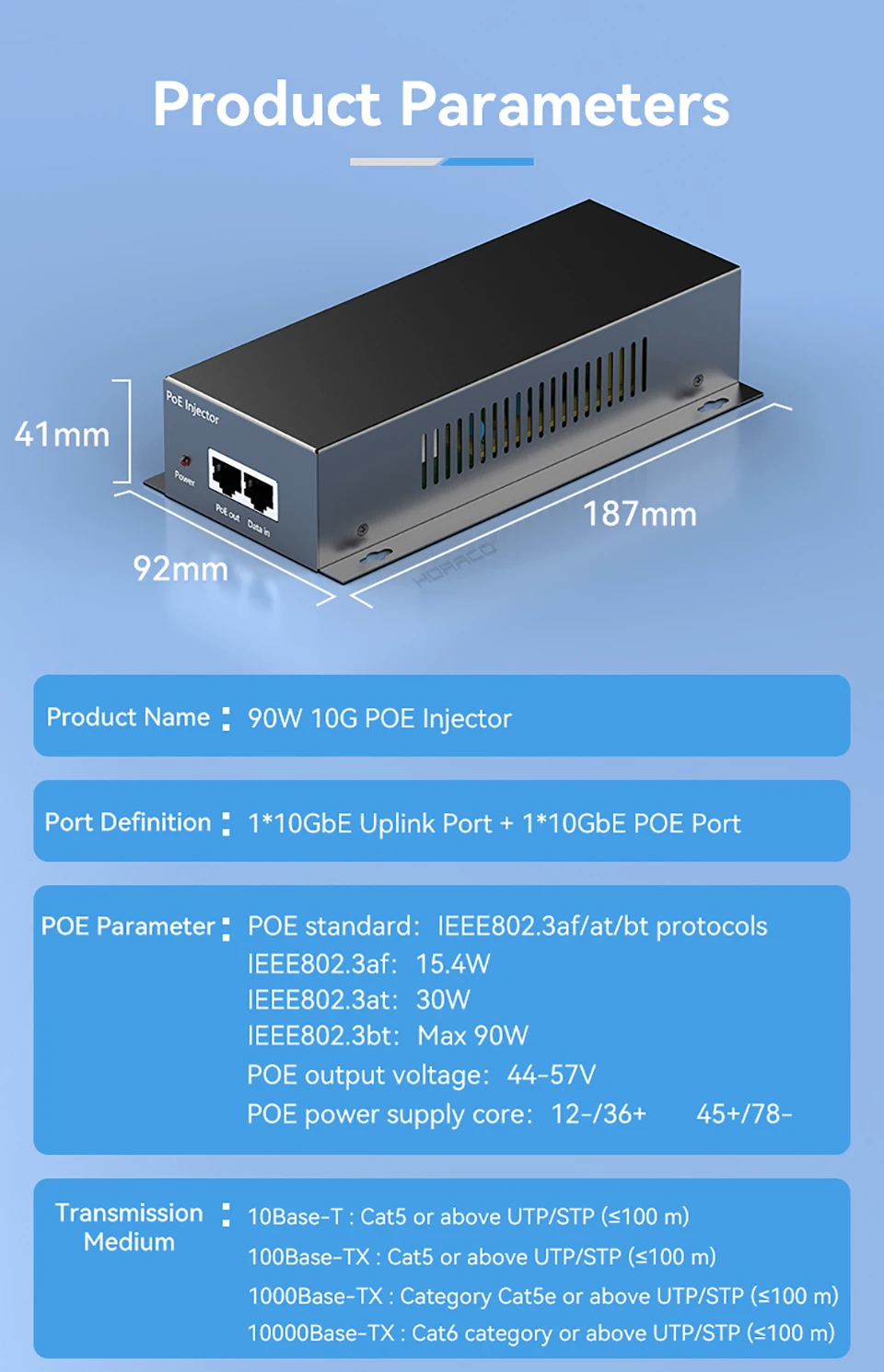 90W 10G POE Injector IEEE 802.3af 802.3at 802.3bt 10000Mbps Plug&Play PoE for IP Camera,VoIP Phone,Wireless AP