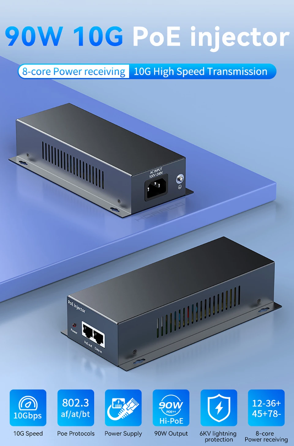 90W 10G POE Injector IEEE 802.3af 802.3at 802.3bt 10000Mbps Plug&Play PoE for IP Camera,VoIP Phone,Wireless AP