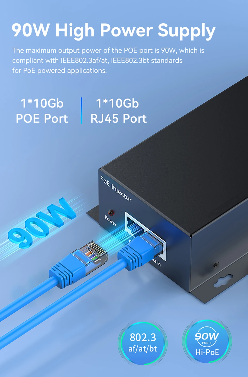 90W 10G POE Injector IEEE 802.3af 802.3at 802.3bt 10000Mbps Plug&Play PoE for IP Camera,VoIP Phone,Wireless AP