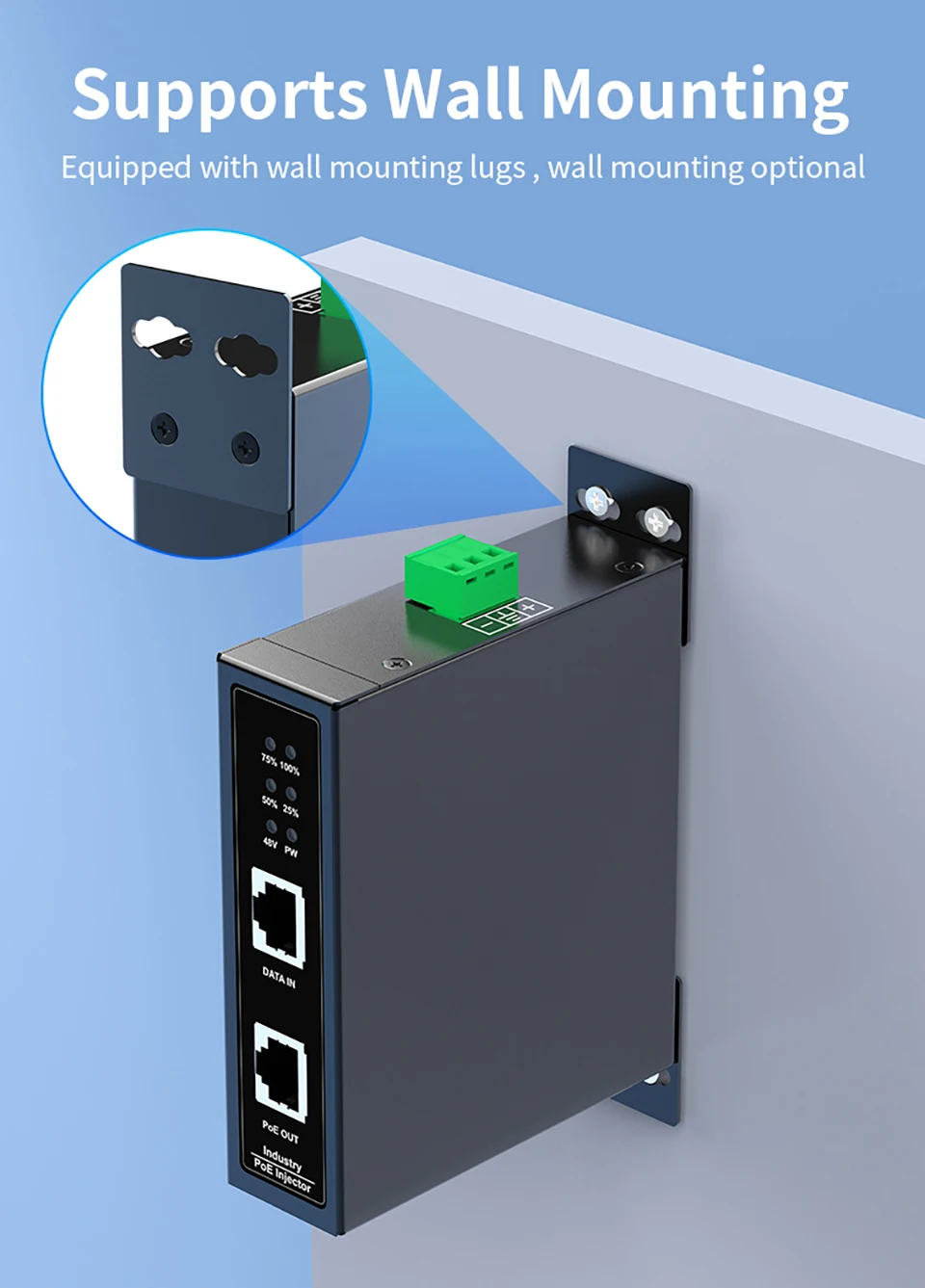 HORACO 10G Industrial POE Injector 90W DIN Rail IEEE 802.3 AF/AT/BT Plug&Play 48-55V for POE Camera, Wireless AP, Wi-Fi Bridge