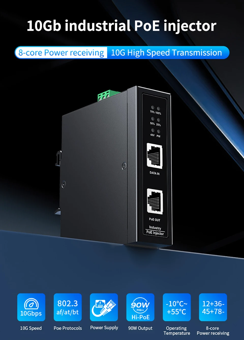 HORACO 10G Industrial POE Injector 90W DIN Rail IEEE 802.3 AF/AT/BT Plug&Play 48-55V for POE Camera, Wireless AP, Wi-Fi Bridge