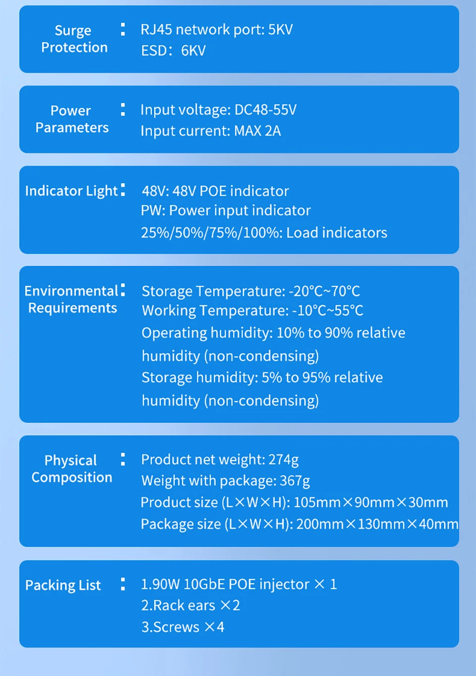 HORACO 10G Industrial POE Injector 90W DIN Rail IEEE 802.3 AF/AT/BT Plug&Play 48-55V for POE Camera, Wireless AP, Wi-Fi Bridge