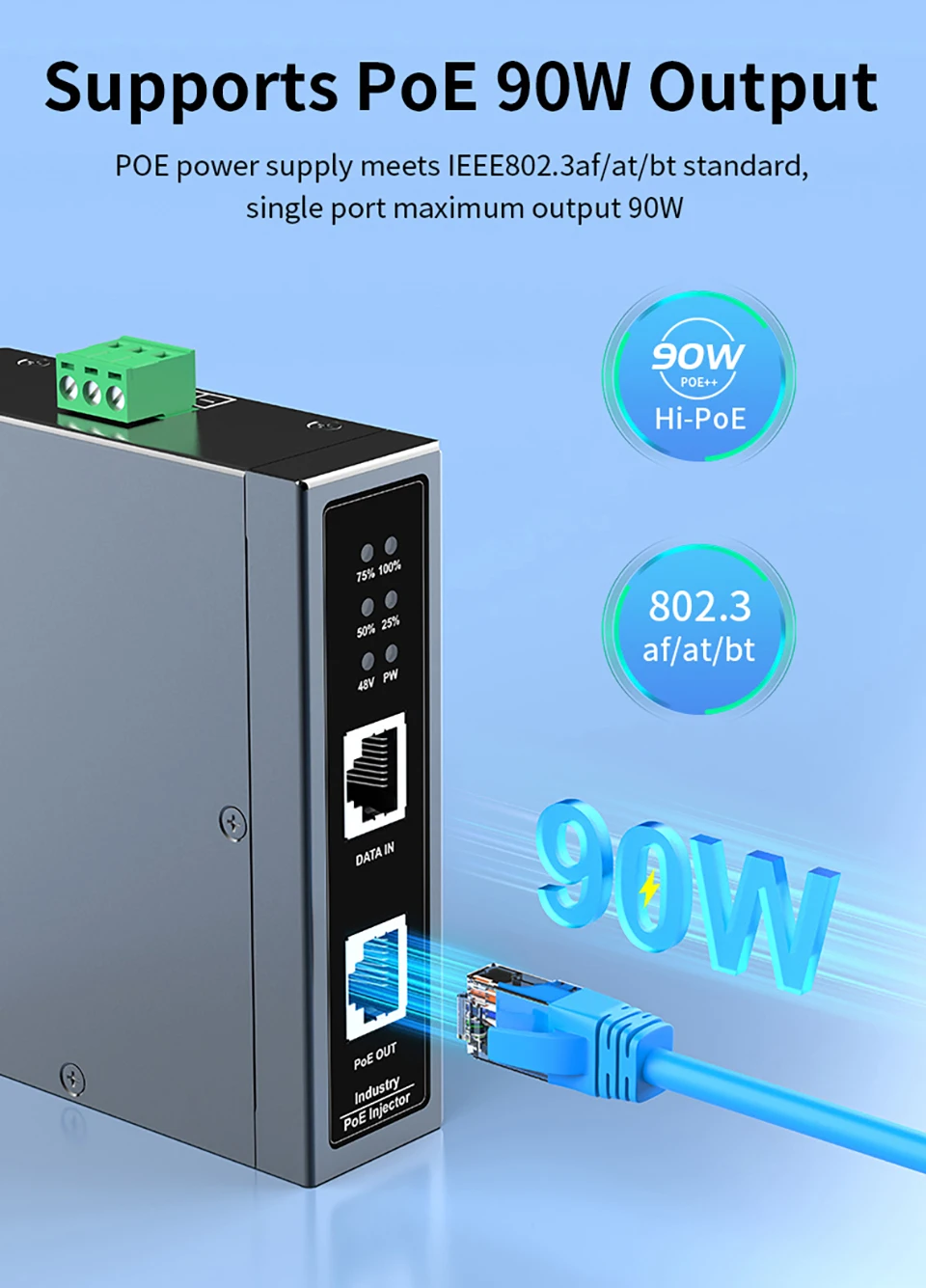HORACO 10G Industrial POE Injector 90W DIN Rail IEEE 802.3 AF/AT/BT Plug&Play 48-55V for POE Camera, Wireless AP, Wi-Fi Bridge