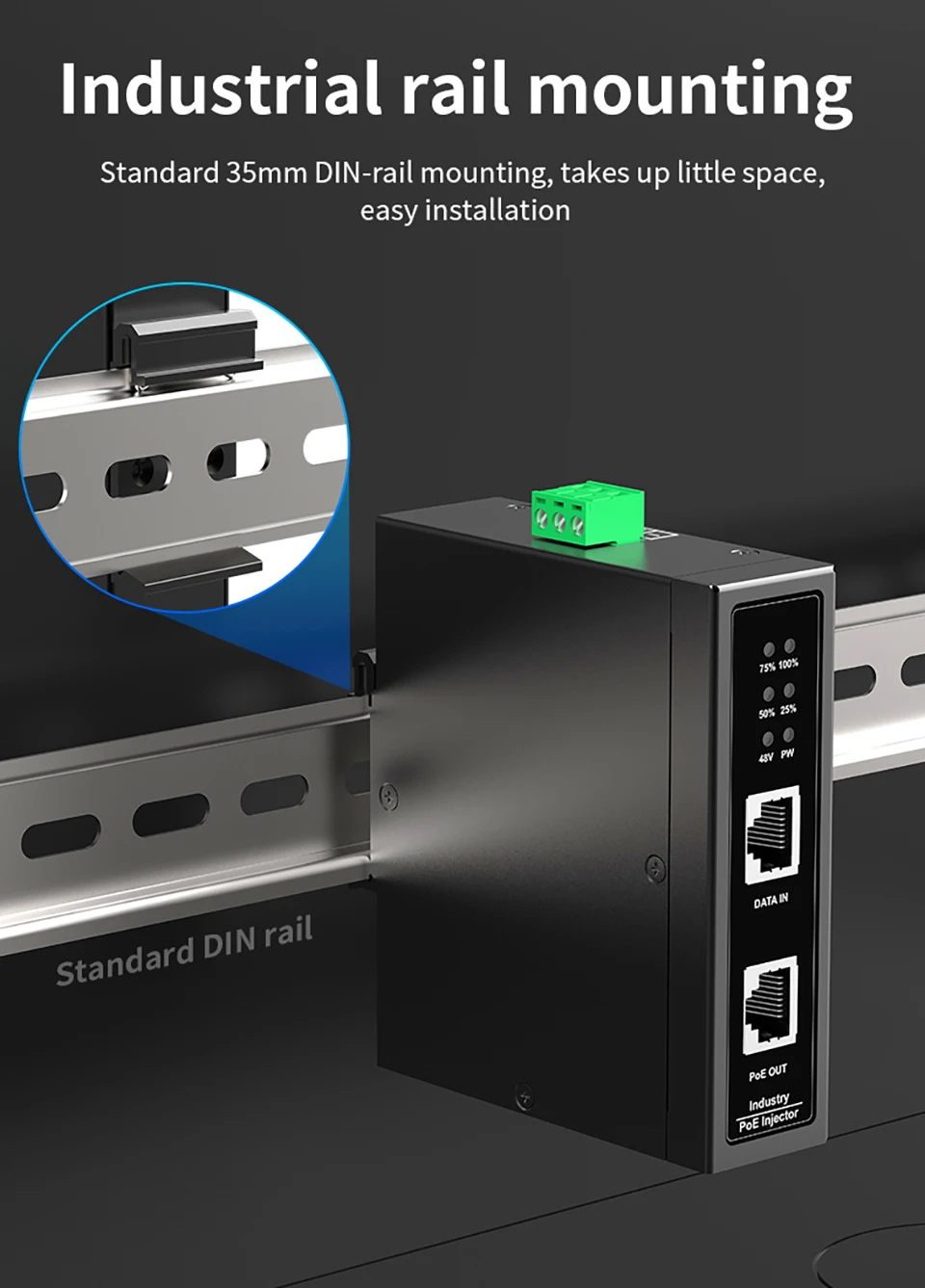 HORACO 10G Industrial POE Injector 90W DIN Rail IEEE 802.3 AF/AT/BT Plug&Play 48-55V for POE Camera, Wireless AP, Wi-Fi Bridge