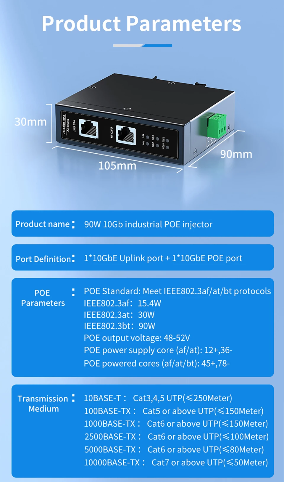 HORACO 10G Industrial POE Injector 90W DIN Rail IEEE 802.3 AF/AT/BT Plug&Play 48-55V for POE Camera, Wireless AP, Wi-Fi Bridge