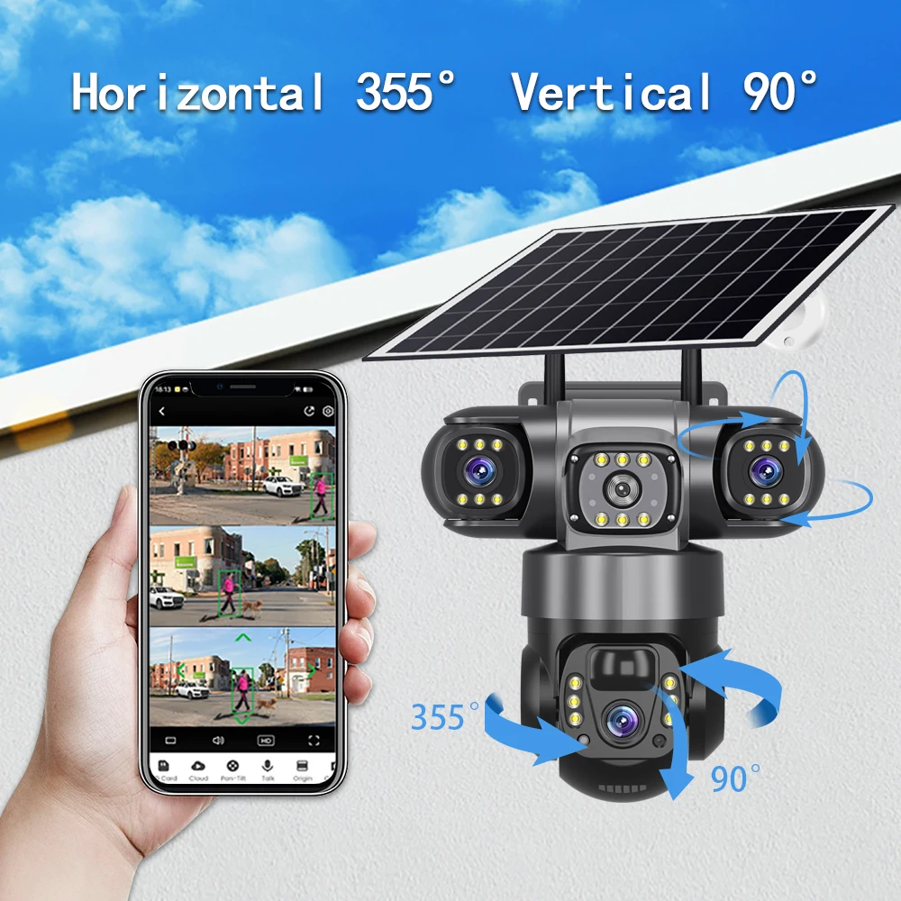 V380 Pro 12MP 10X Zoom Triple Lens 4G Solar Camera Outdoor Three Screen PIR Motion Detection Security Surveillance CCTV Cameras