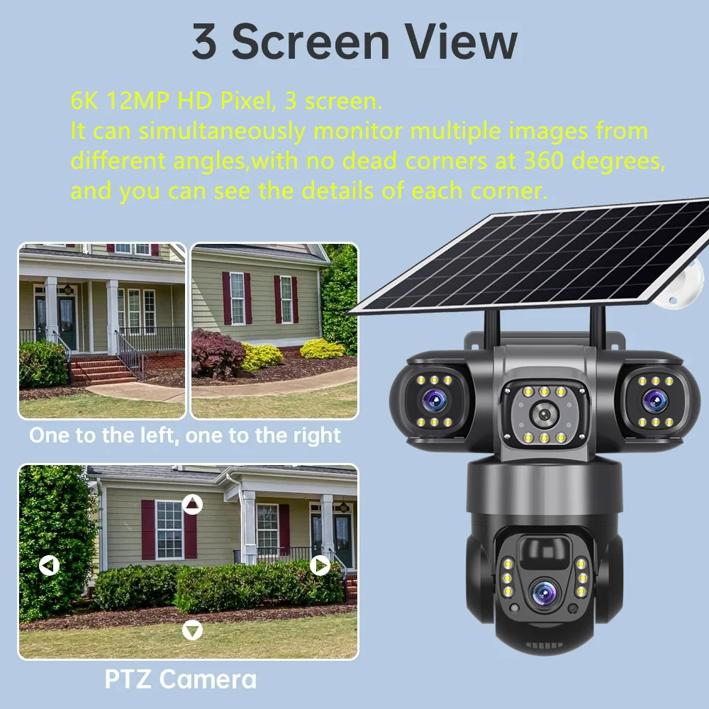 V380 Pro 12MP 10X Zoom Triple Lens 4G Solar Camera Outdoor Three Screen PIR Motion Detection Security Surveillance CCTV Cameras