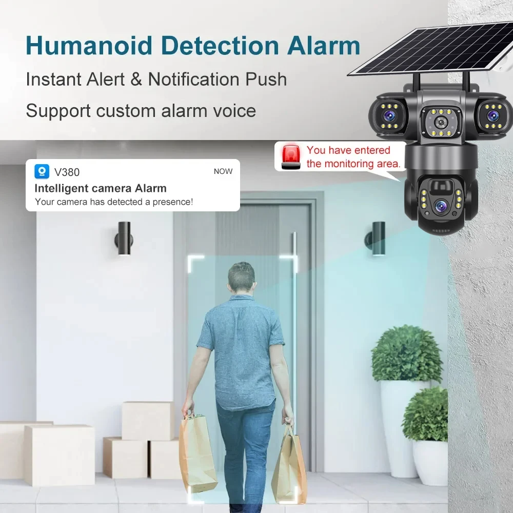 V380 Pro 12MP 10X Zoom Triple Lens 4G Solar Camera Outdoor Three Screen PIR Motion Detection Security Surveillance CCTV Cameras