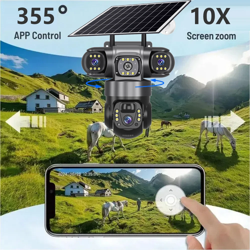 V380 Pro 12MP 10X Zoom Triple Lens 4G Solar Camera Outdoor Three Screen PIR Motion Detection Security Surveillance CCTV Cameras