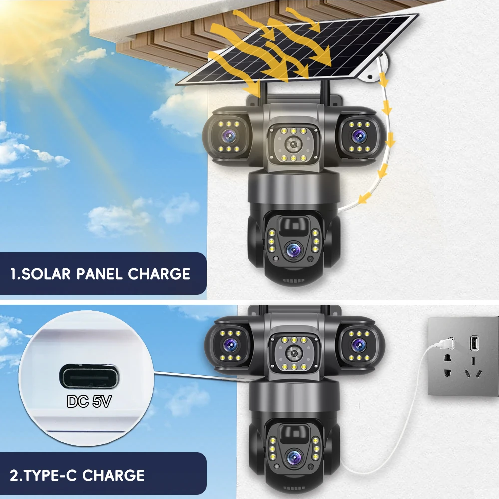 V380 Pro 12MP 10X Zoom Triple Lens 4G Solar Camera Outdoor Three Screen PIR Motion Detection Security Surveillance CCTV Cameras