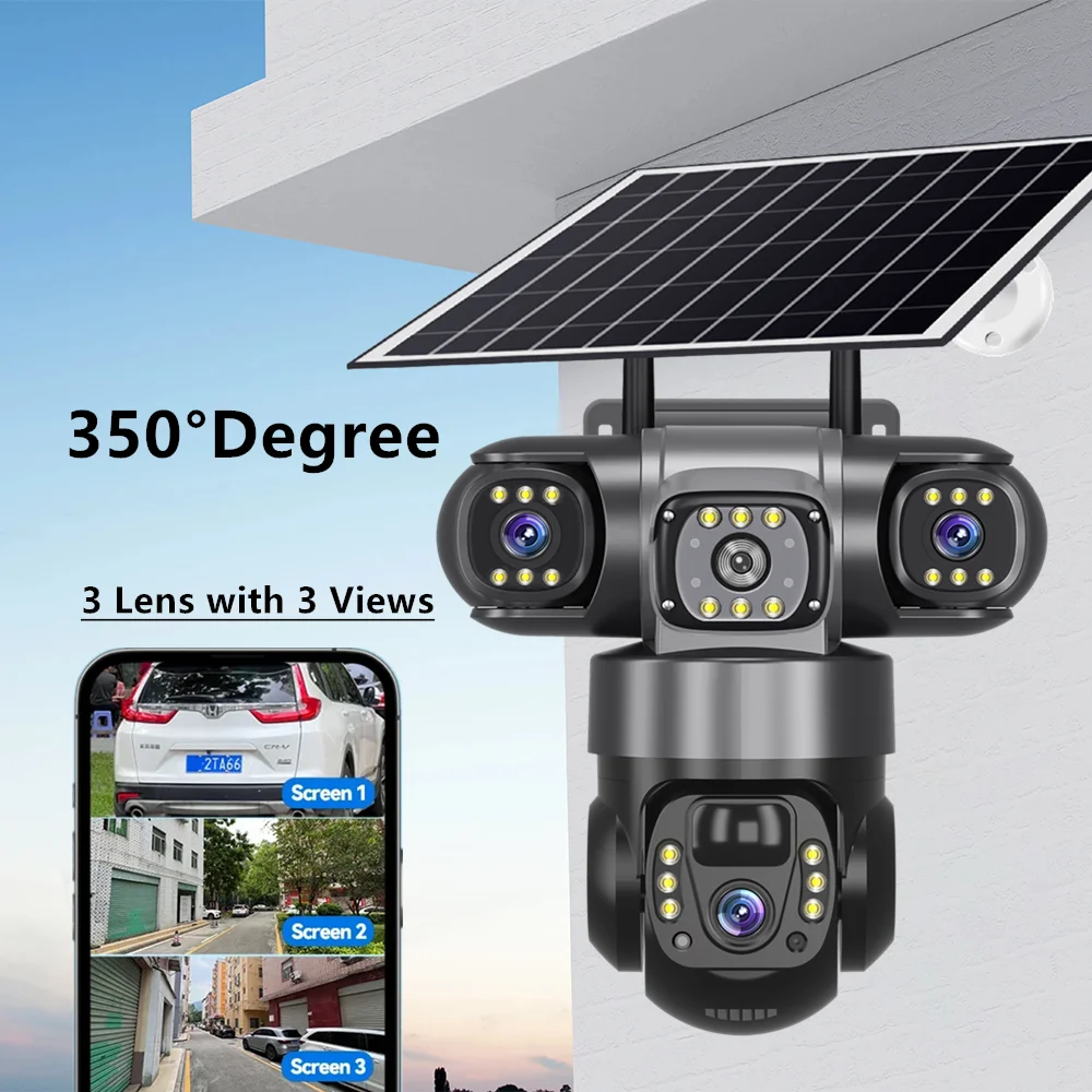 V380 Pro 12MP 10X Zoom Triple Lens 4G Solar Camera Outdoor Three Screen PIR Motion Detection Security Surveillance CCTV Cameras