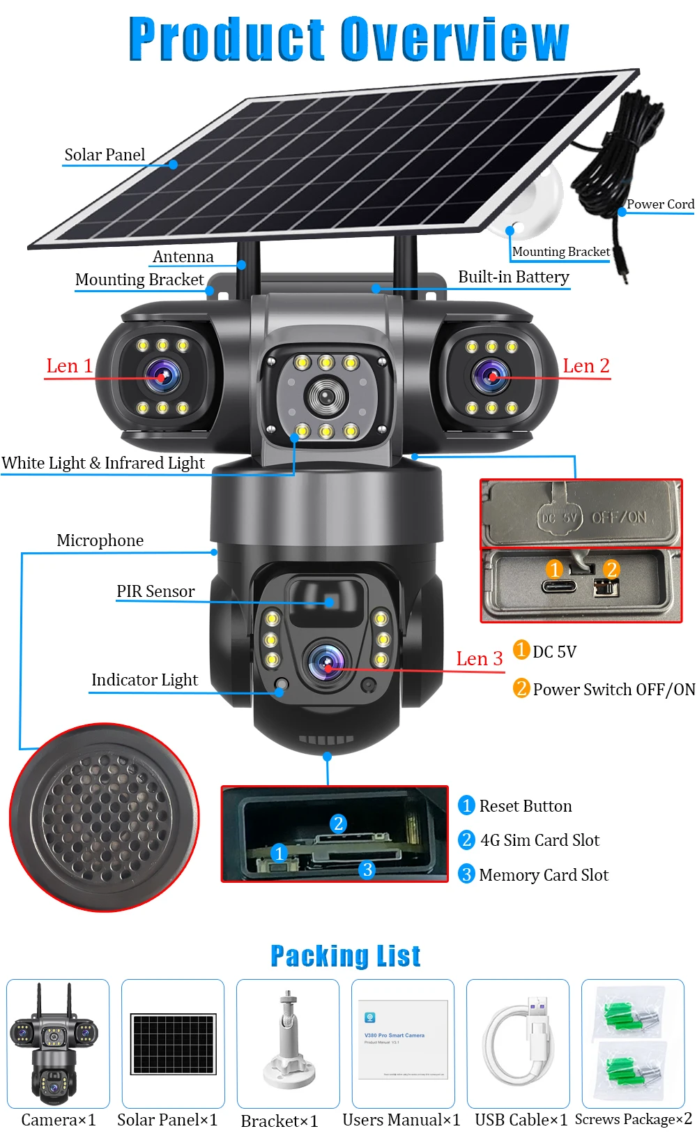 V380 Pro 12MP 10X Zoom Triple Lens 4G Solar Camera Outdoor Three Screen PIR Motion Detection Security Surveillance CCTV Cameras