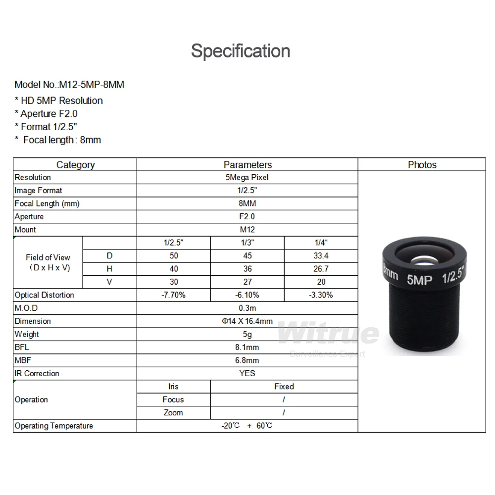 Witrue HD 5MP M12 Mount Lens 8MM 12MM 16MM Aperture F2.0 Format 1/2.5" for Surveillance Security CCTV Cameras