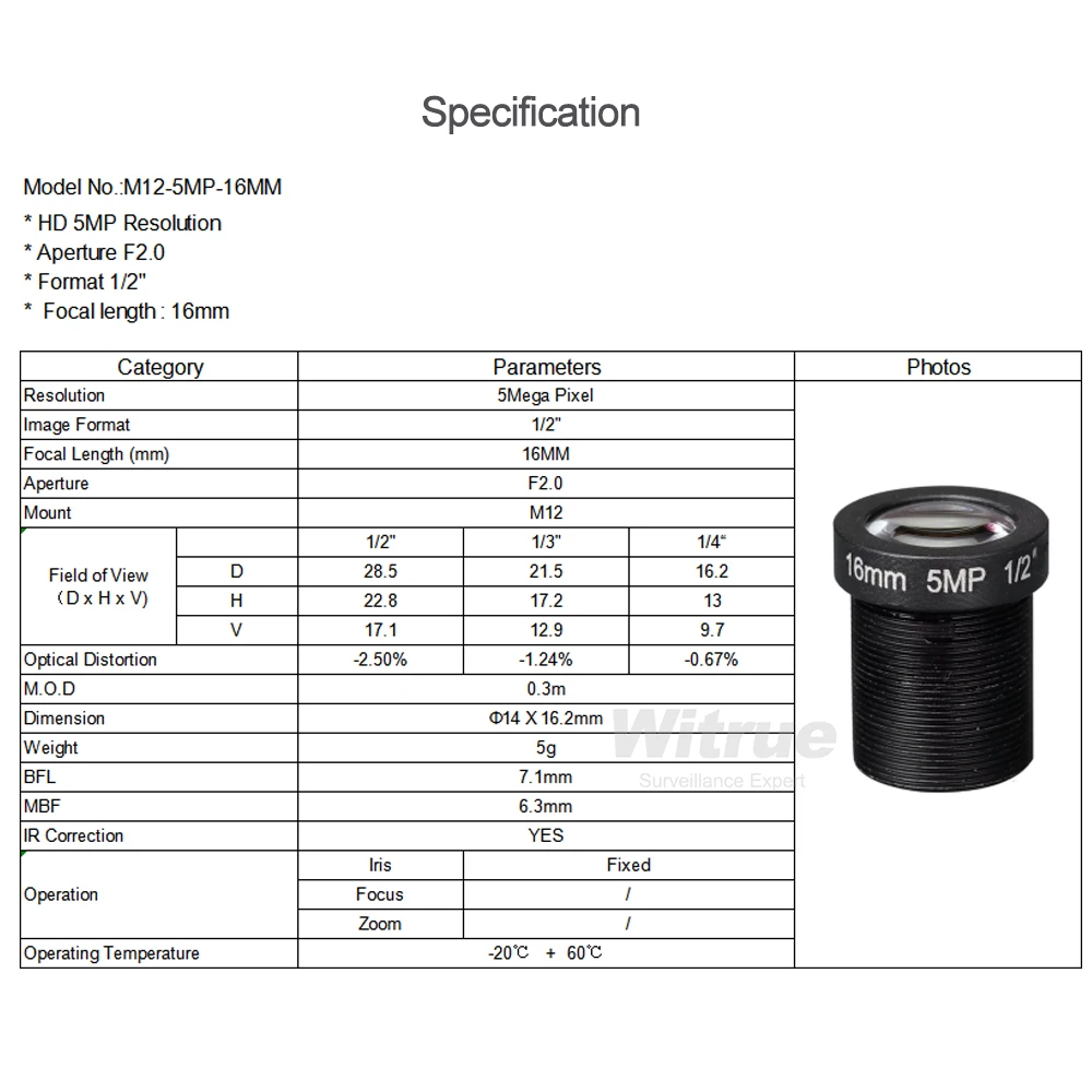 Witrue HD 5MP M12 Mount Lens 8MM 12MM 16MM Aperture F2.0 Format 1/2.5" for Surveillance Security CCTV Cameras