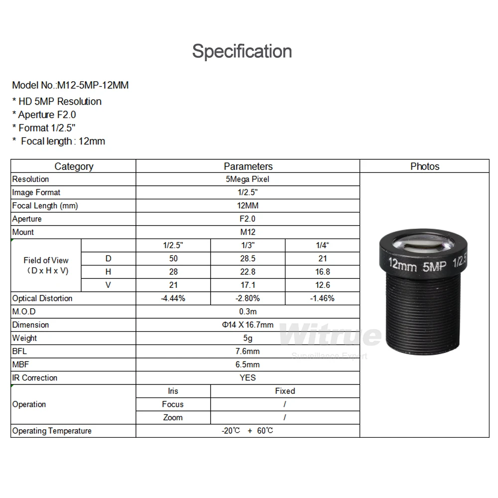Witrue HD 5MP M12 Mount Lens 8MM 12MM 16MM Aperture F2.0 Format 1/2.5" for Surveillance Security CCTV Cameras