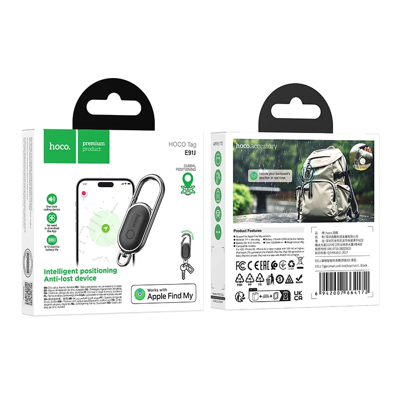 E91J Mini GPS Tracker SmartTag Keychain Compatible with iOS Find My App Anti-Lost Locator for Pet Dog Cat Child Car Key Wallet