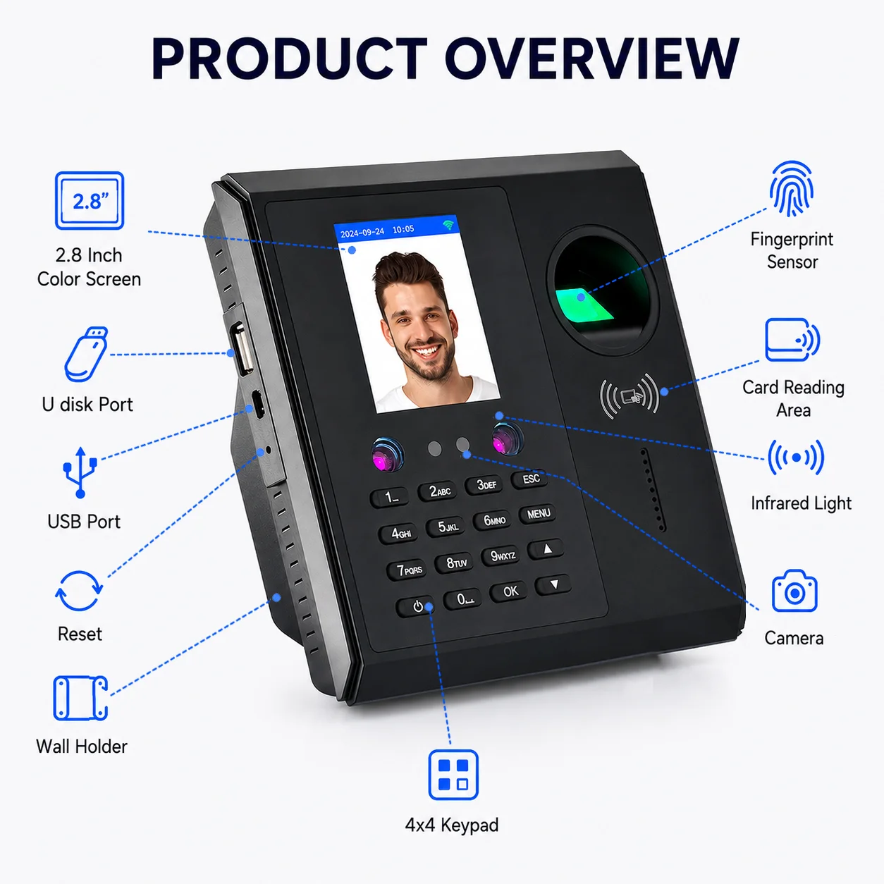 CF16 Face Recognition Time Attendance Machine WiFi Fingerprint RFID Card 2000mAh Backup Battery Employee Time Clock
