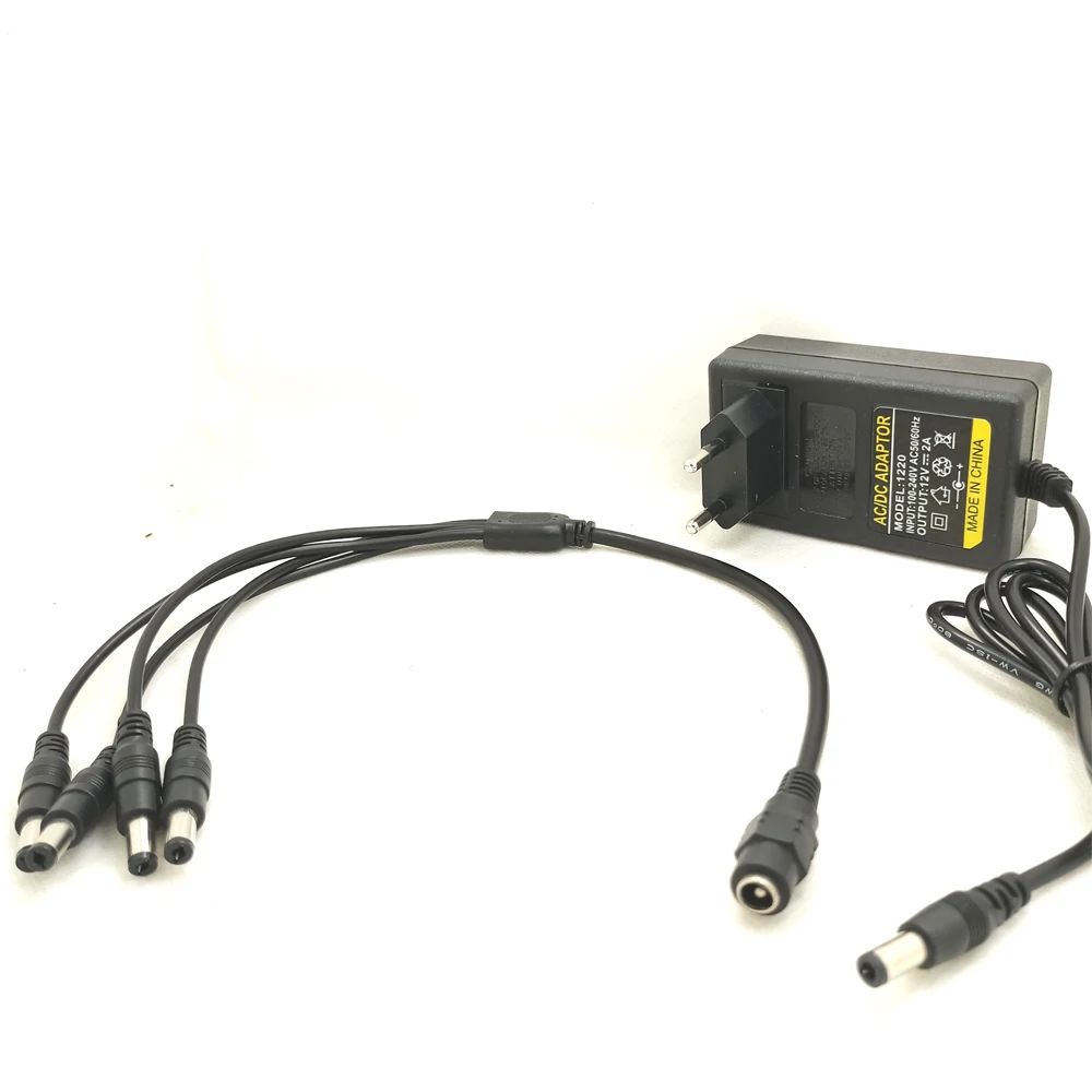 JIENUO Power Adapter DC 12V 2A EU Plug Supply 4 Split Power Cable For CCTV Camera DVR NVR IP Cam AHD Analog LED Light Strip
