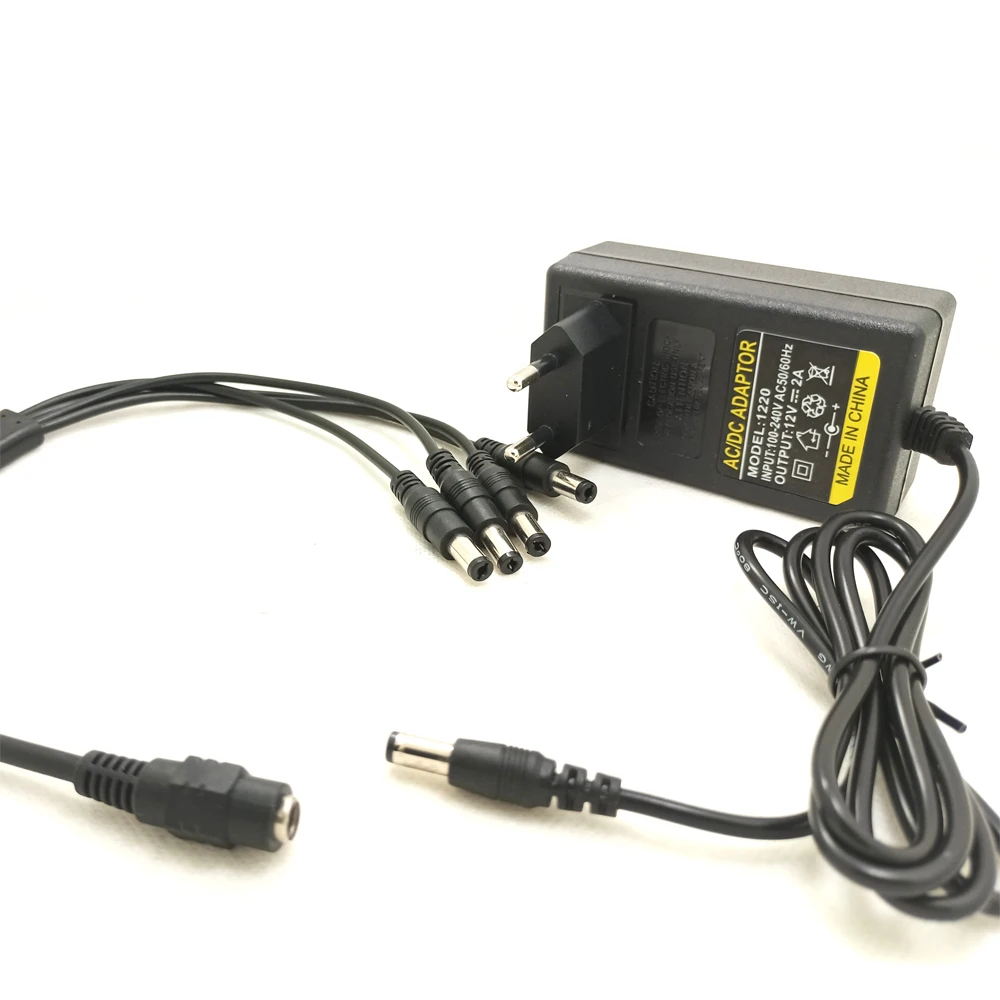 JIENUO Power Adapter DC 12V 2A EU Plug Supply 4 Split Power Cable For CCTV Camera DVR NVR IP Cam AHD Analog LED Light Strip