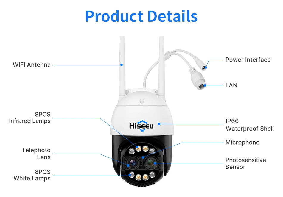 Hiseeu 4K 8MP Dual Lens PTZ Wifi IP Camera 8X Zoom Outdoor HD Full Color Night Vision Human Detection Video Surveillance Cameras