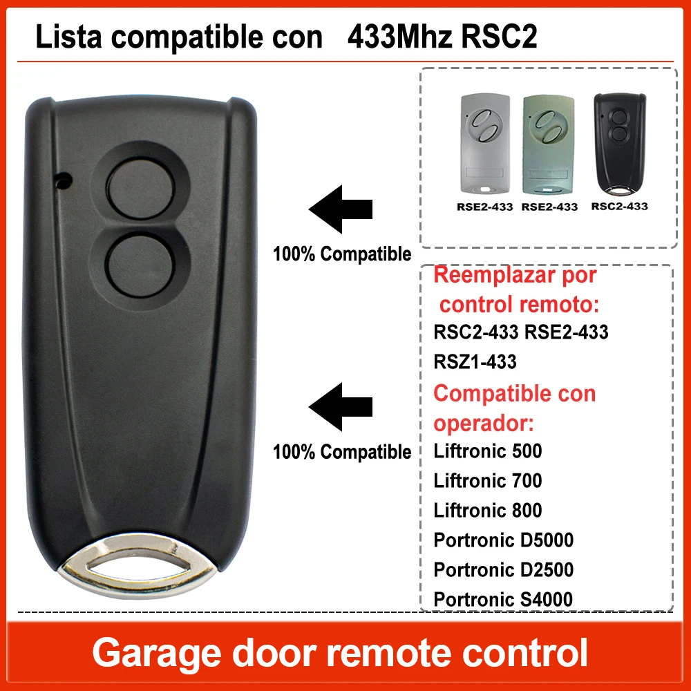 RSC2-433 Garage Door Remote Control Compatible With RSC2 RSE2 RSZ1 433.92MHz Rolling Code Transmitter