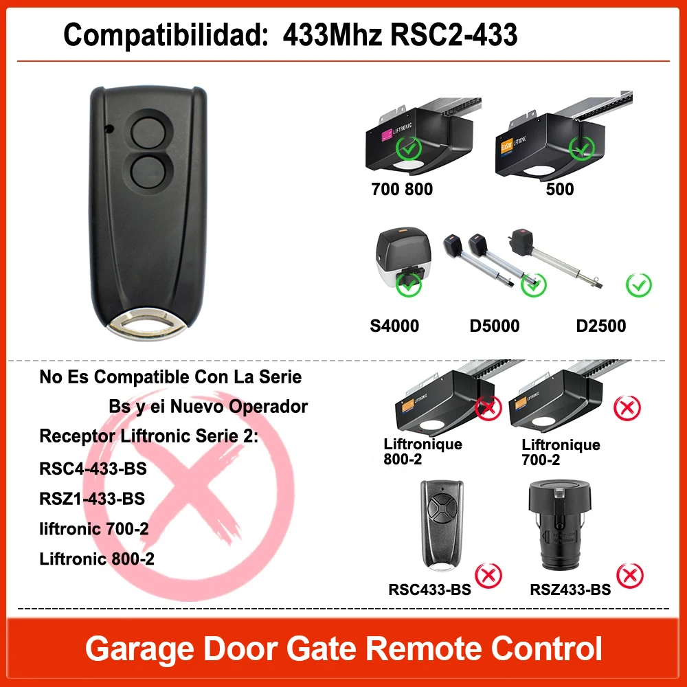 RSC2-433 Garage Door Remote Control Compatible With RSC2 RSE2 RSZ1 433.92MHz Rolling Code Transmitter