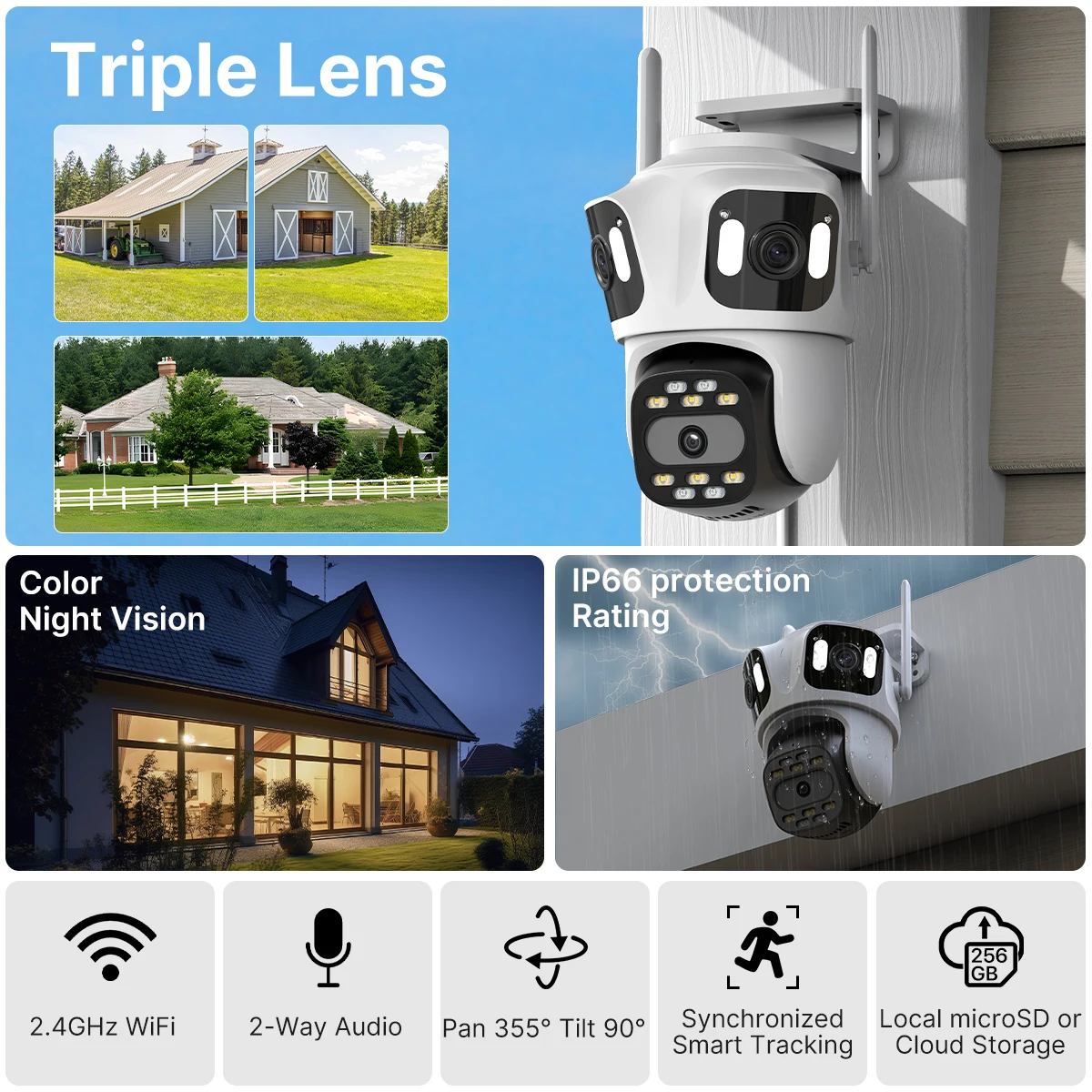 Three Lens PTZ IP Camera Outdoor HD Three Screen WiFi Security Camera Auto Tracking Dual Len Wireless CCTV Camera ICsee