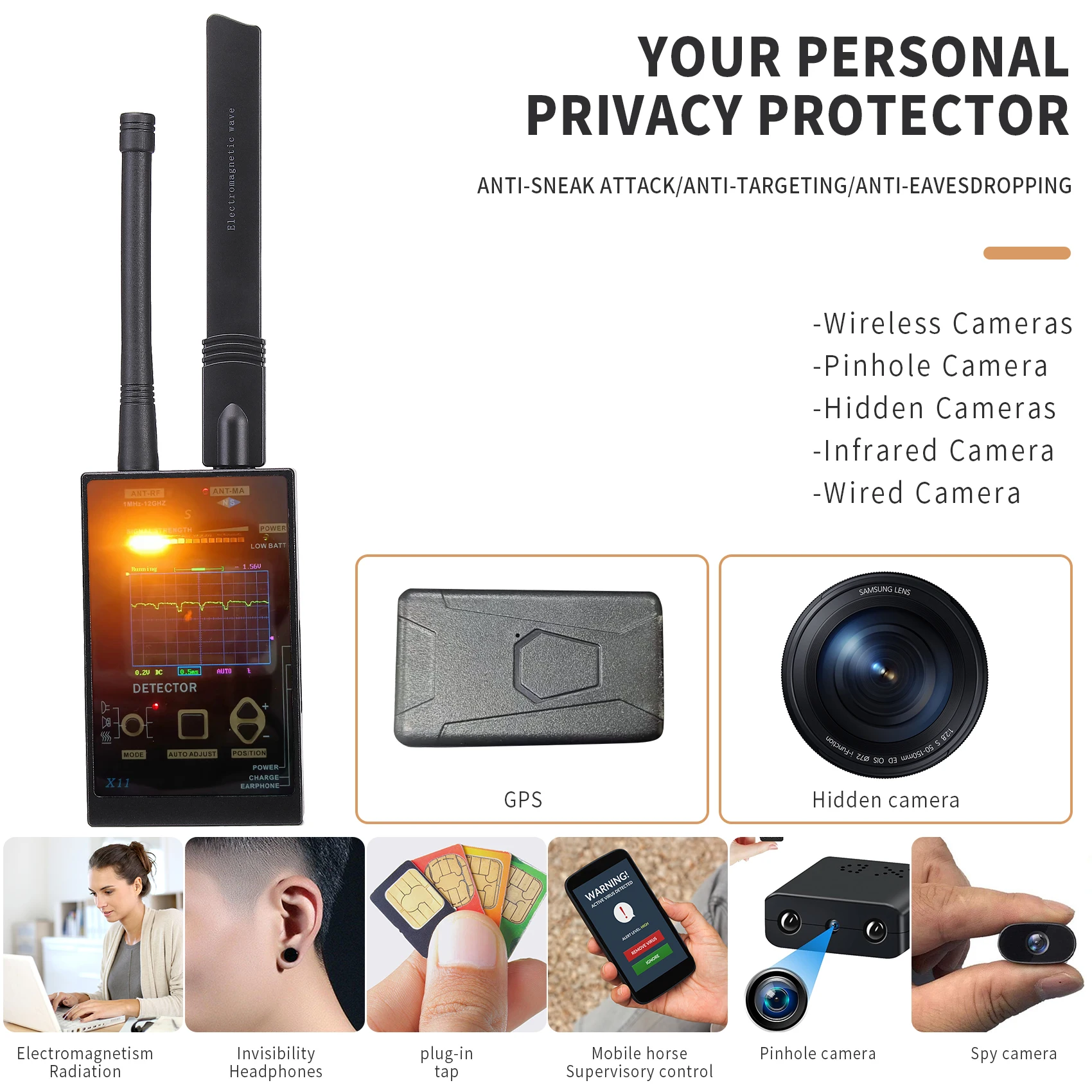 Signal Detector Hotel Anti-Sneak Shooting Detection Camera Detector Car GPS Detector Anti-Eavesdropping Anti-Tracking Alarm