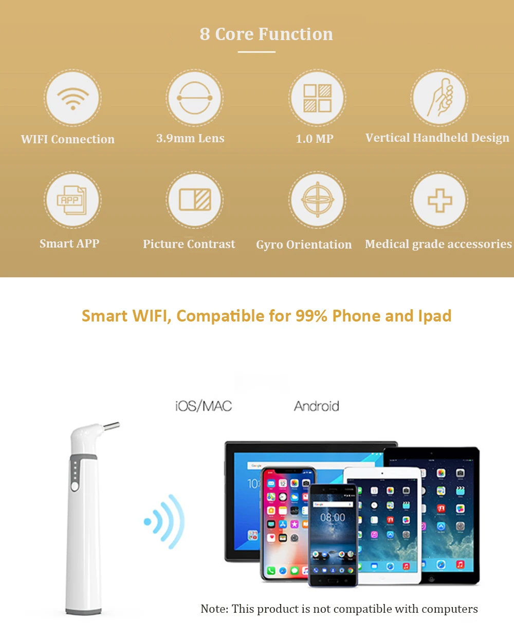 Wireless Otoscope Ear Camera 3.9mm 1080P HD WiFi Ear Scope with 6 LED Lights for Kids and Adults Support Android and iPhone