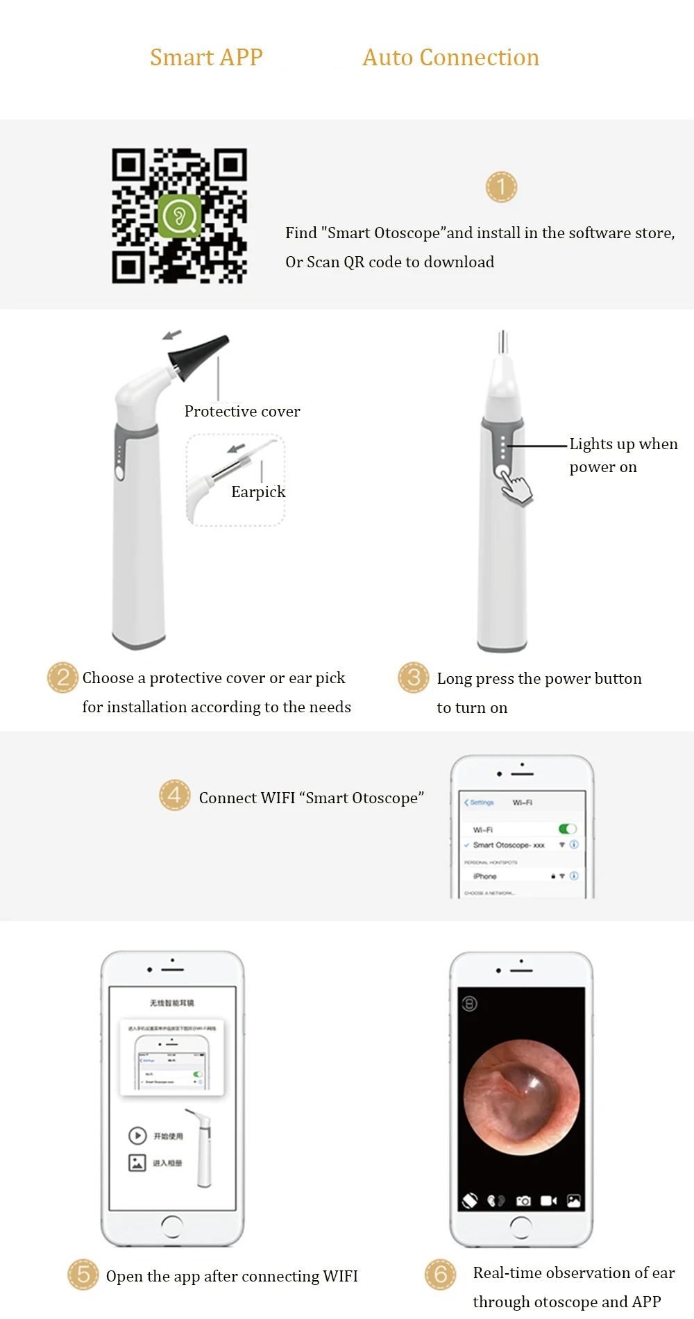 Wireless Otoscope Ear Camera 3.9mm 1080P HD WiFi Ear Scope with 6 LED Lights for Kids and Adults Support Android and iPhone