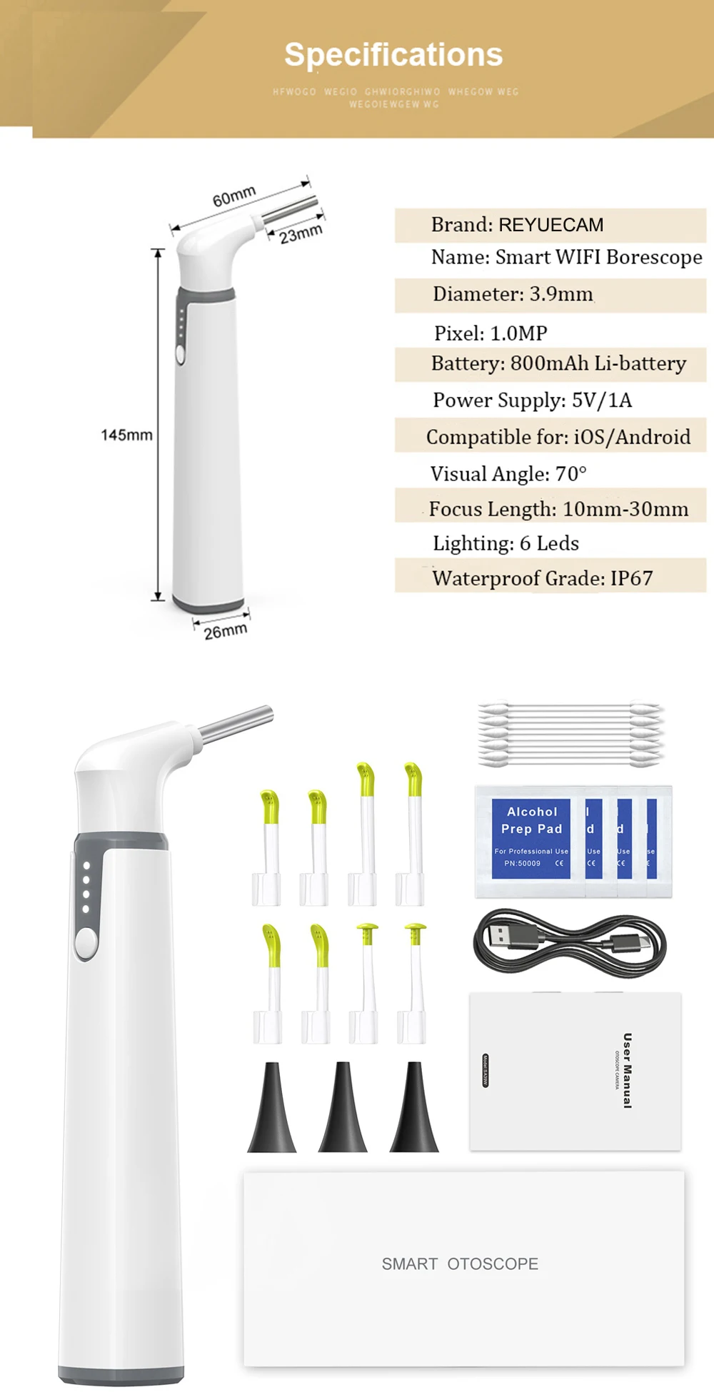 Wireless Otoscope Ear Camera 3.9mm 1080P HD WiFi Ear Scope with 6 LED Lights for Kids and Adults Support Android and iPhone