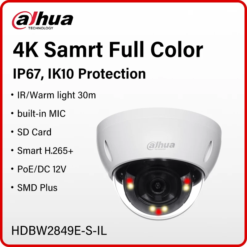 Dahua 8MP Smart Dual Light Full Color Dome Camera IP67 IK10 WizSense Built in Mic 4K Security CCTV Ai Detection HDBW2849E-S-IL
