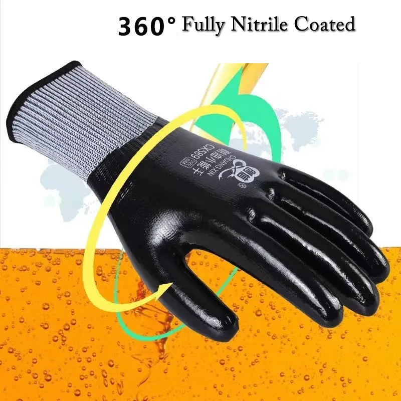 Nitrile Coated Oil/Water Resistant Work Gloves Anti-Slip Waterproof Gloves For Garden Repairing Fishing Work Safety Gloves