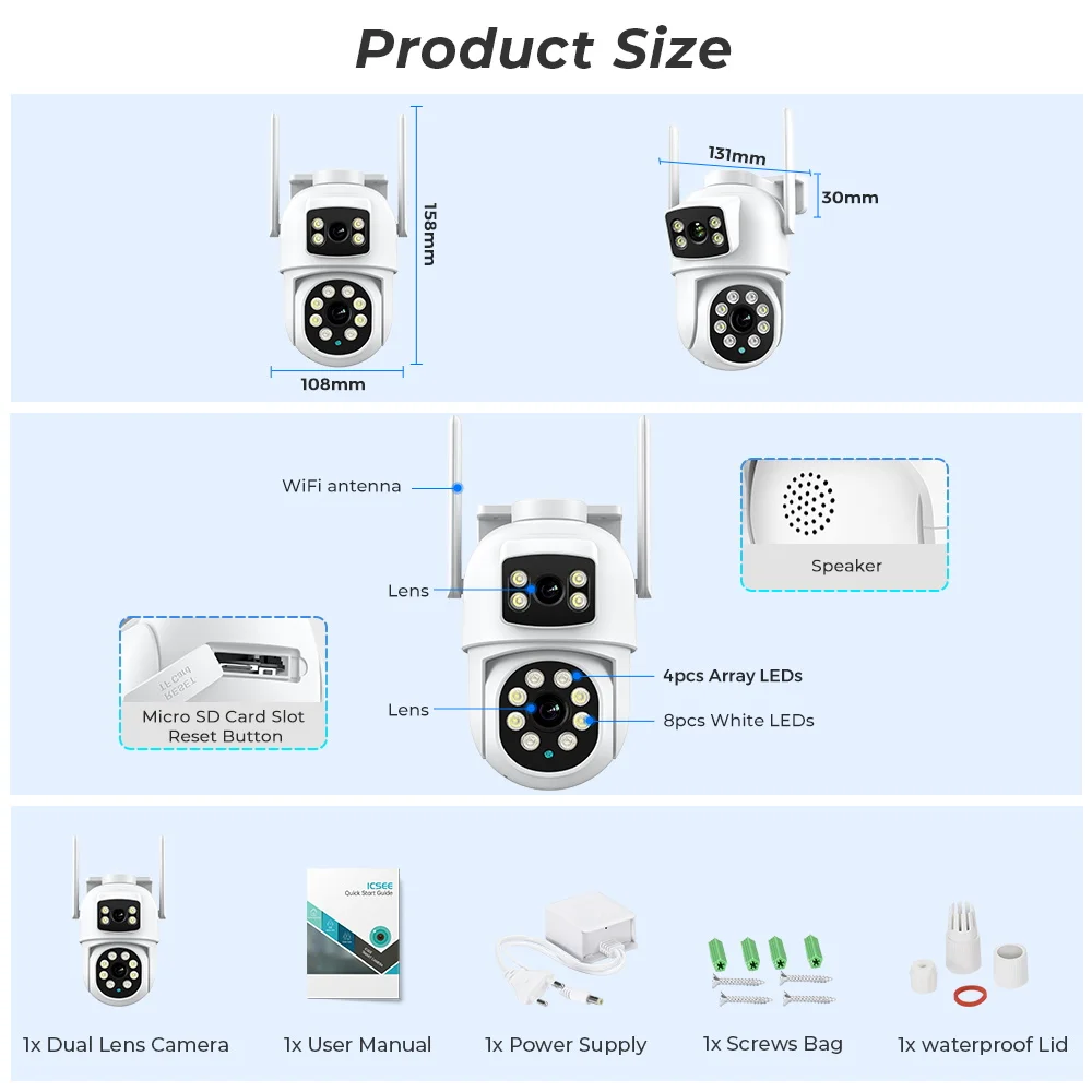 BESDER 4K 8MP Wifi Camera PTZ Outdoor Dual Screens Human Detection Dual Lenses 4MP Security Protection IP Camera Audio iCSee App