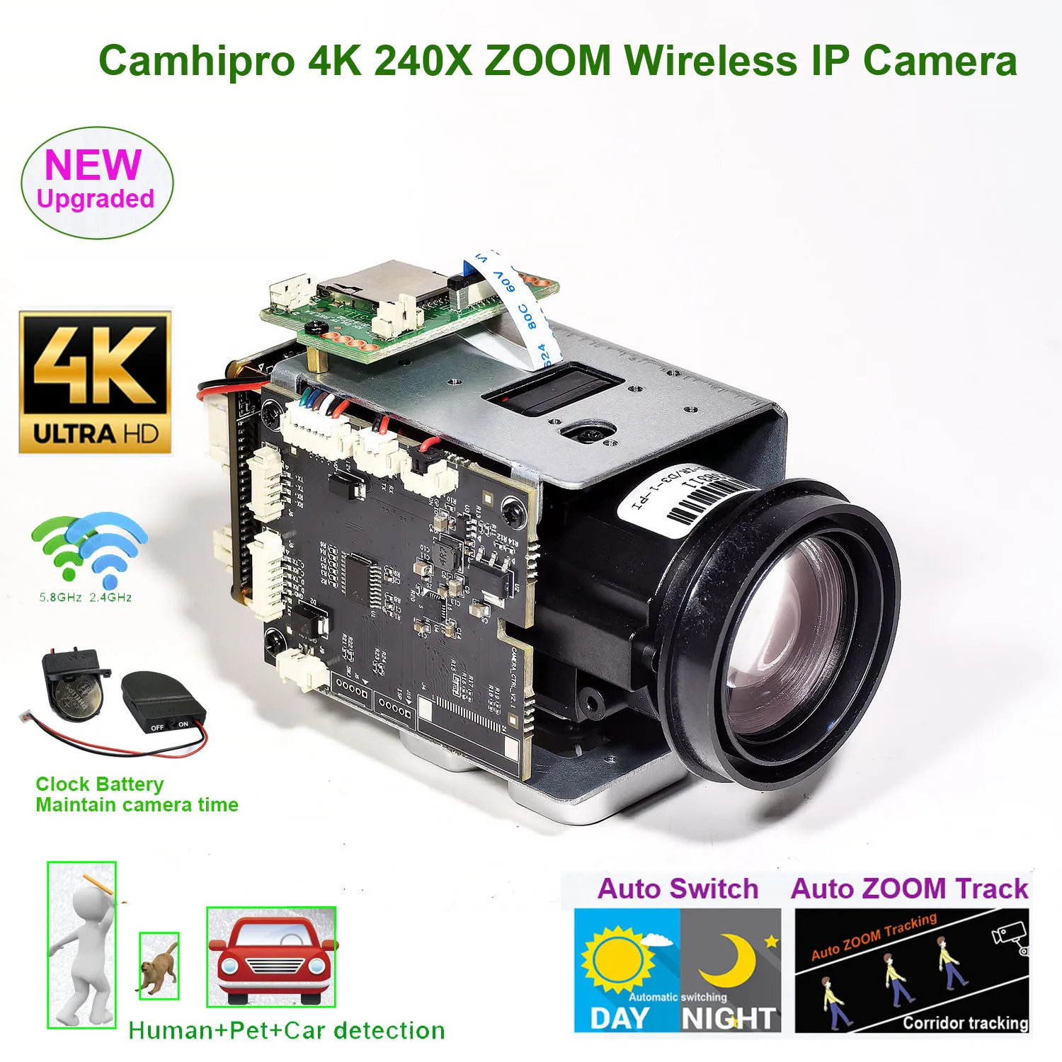 CamhiPro 4K 8MP 240X Zoom WiFi Wireless IP Camera Auto IRIS P2P ONVIF IMX415 WiFi SD 256GB IP Camera