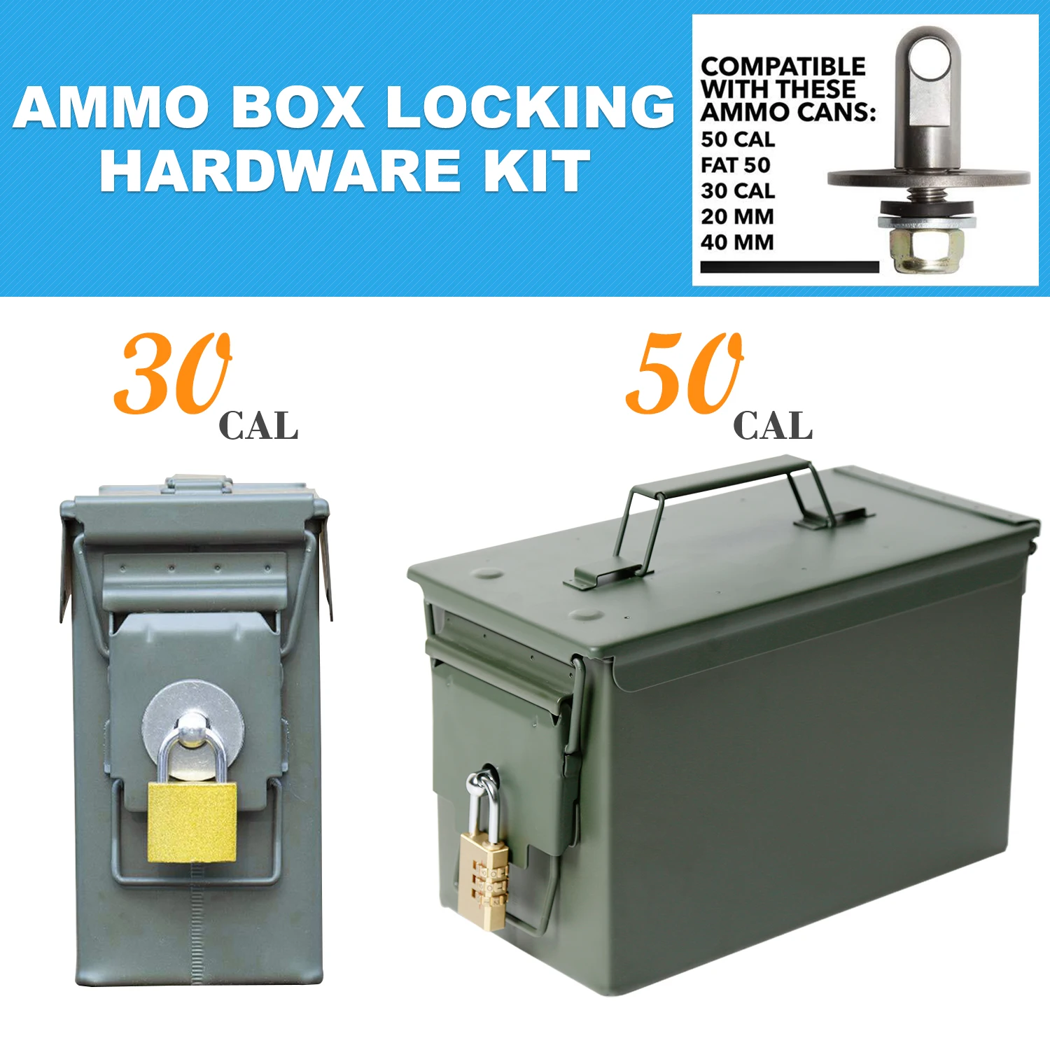50 Cal Ammo Box Can Steel Gun Lock Hardware Kit Ammunition Gun Safe Box Gun Safe Case Bolt Set 40mm Pistol Bullet Storage