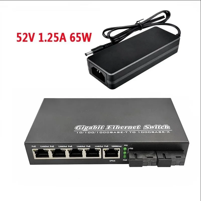 POE Switch 4 POE 2 Fiber 2F5GE Gigabit Ethernet Switch Media Converter Fiber Optical Uplink Port 10/100/1000M 65W 52V1.25A
