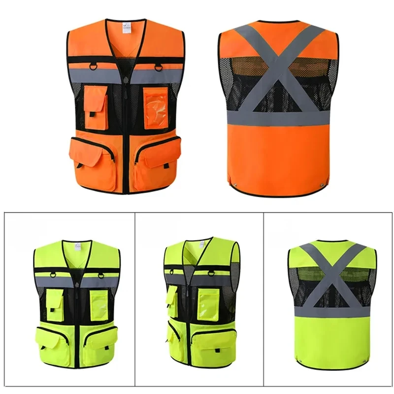 Custom LOGO Safety Vest With Tool Pockets Breathable Work gilet High Visibility Vest Mesh Safety Vest Workwear