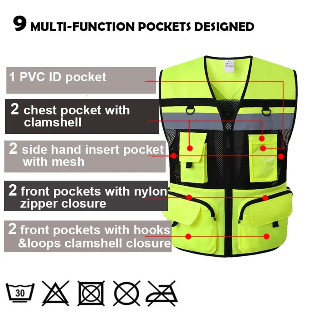 Custom LOGO Safety Vest With Tool Pockets Breathable Work gilet High Visibility Vest Mesh Safety Vest Workwear