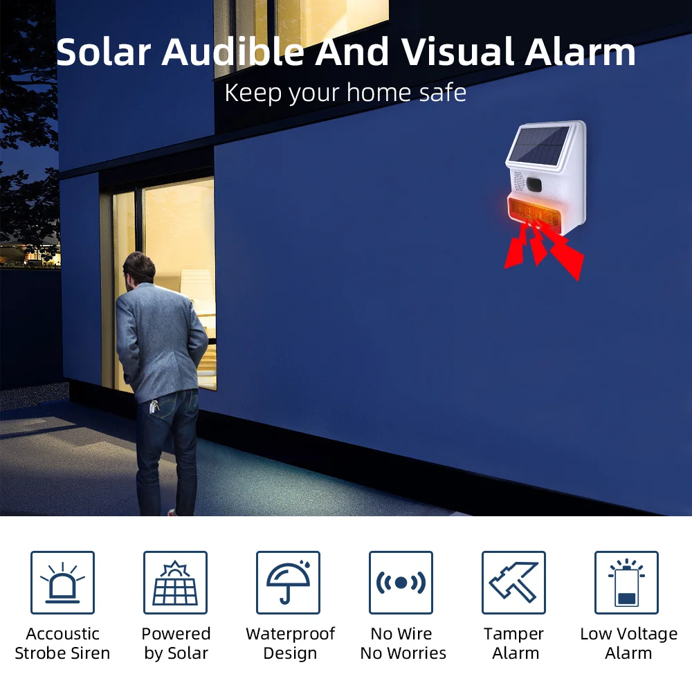 TAIBOAN 433MHZ Wireless Solar SIren Sound Light Flash Alarm Outdoor Alarm Horn for Wifi GSM Home Security Alarm System