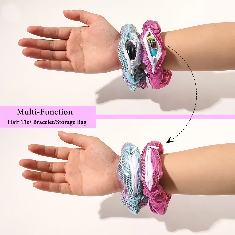 Hidden Safe Hair Tie Laser Cloth Rainbow Hair Scrunchie Hidden Storage Compartment With Zip Stash Pocket Woman Travel Safe