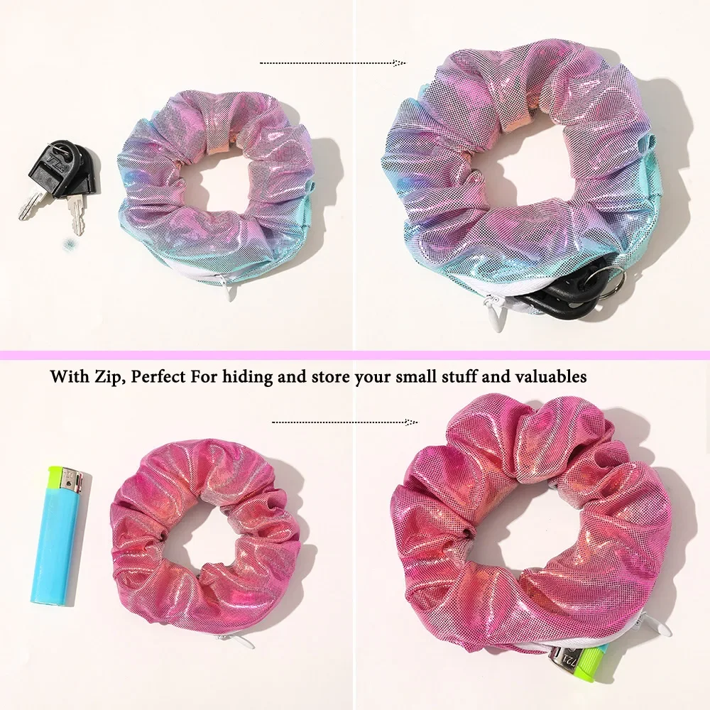 Hidden Safe Hair Tie Laser Cloth Rainbow Hair Scrunchie Hidden Storage Compartment With Zip Stash Pocket Woman Travel Safe