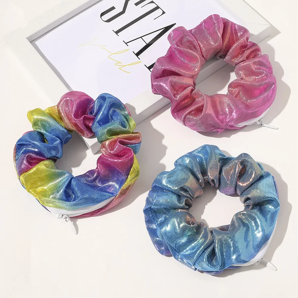 Hidden Safe Hair Tie Laser Cloth Rainbow Hair Scrunchie Hidden Storage Compartment With Zip Stash Pocket Woman Travel Safe