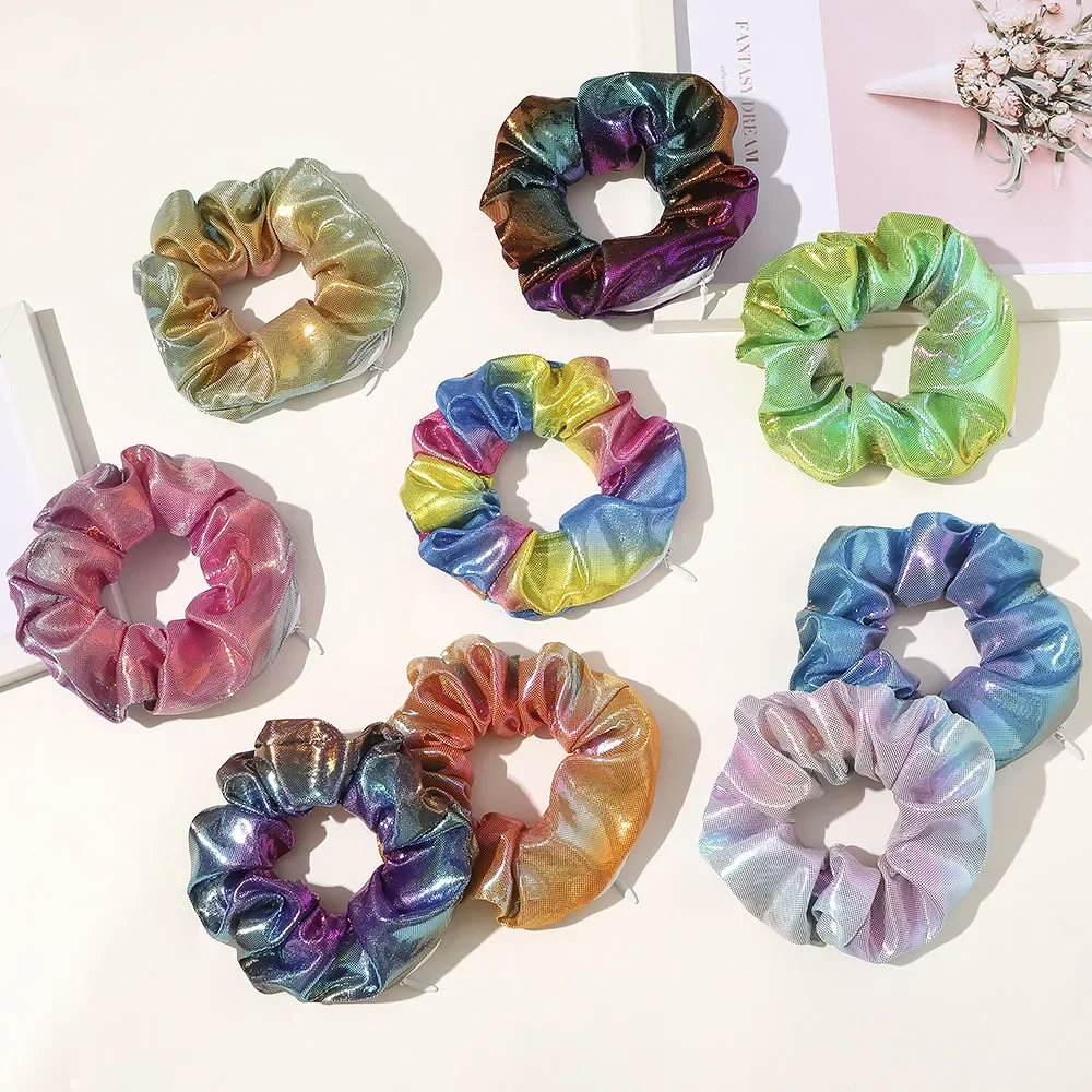 Hidden Safe Hair Tie Laser Cloth Rainbow Hair Scrunchie Hidden Storage Compartment With Zip Stash Pocket Woman Travel Safe